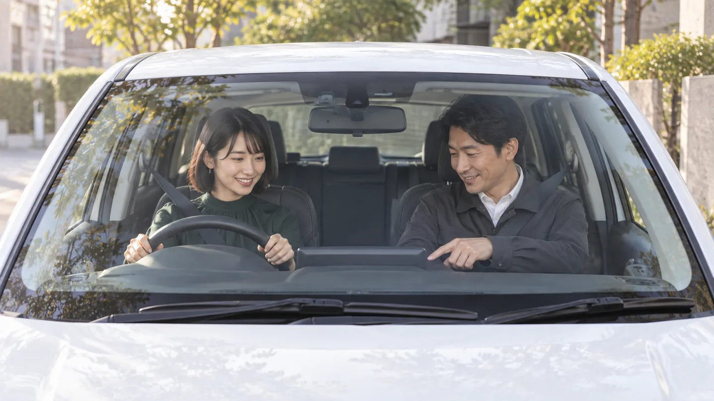 車外正面からフロントガラスを見る納車後講習の様子（女性とハンドルが画面左側）