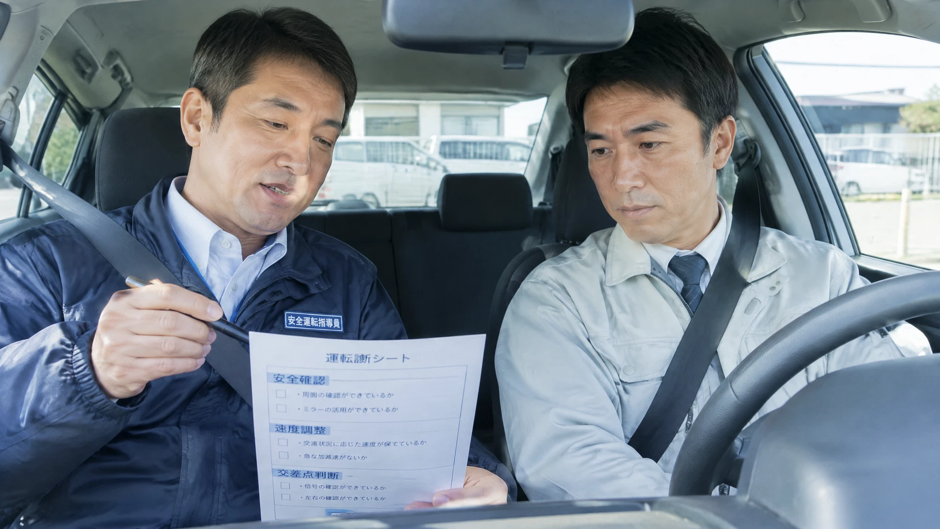 事故の再発防止に向けて運転行動を振り返る社員とインストラクター