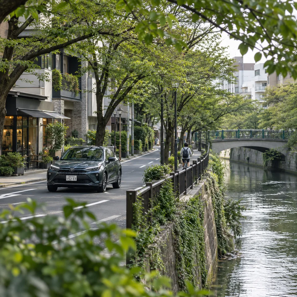目黒川沿いの緑と落ち着いた街並み