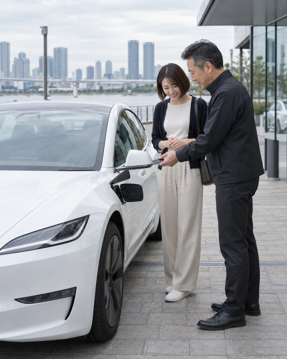 教習車のテスラ Model 3（白）