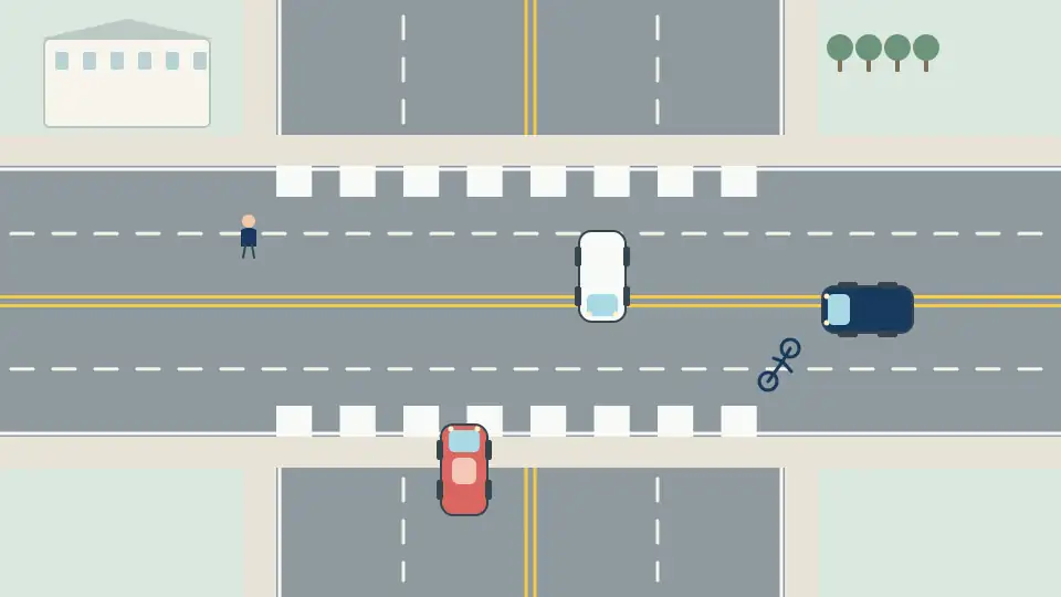 複数車線の市街地交差点で、歩行者、自転車、周囲の車を配置した模式図