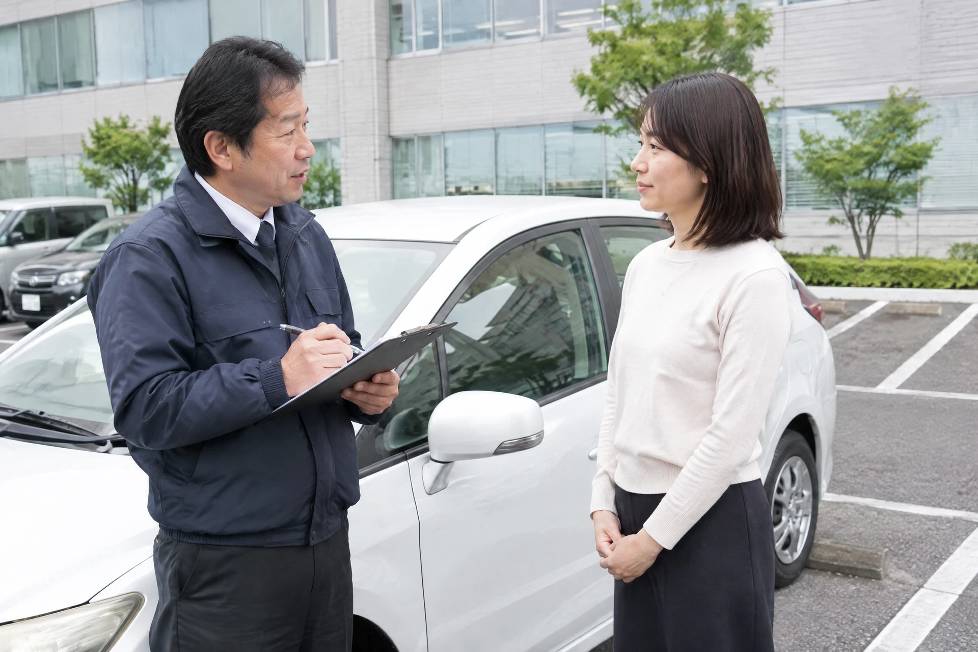 実車研修前に運転経験を確認するインストラクターと社員