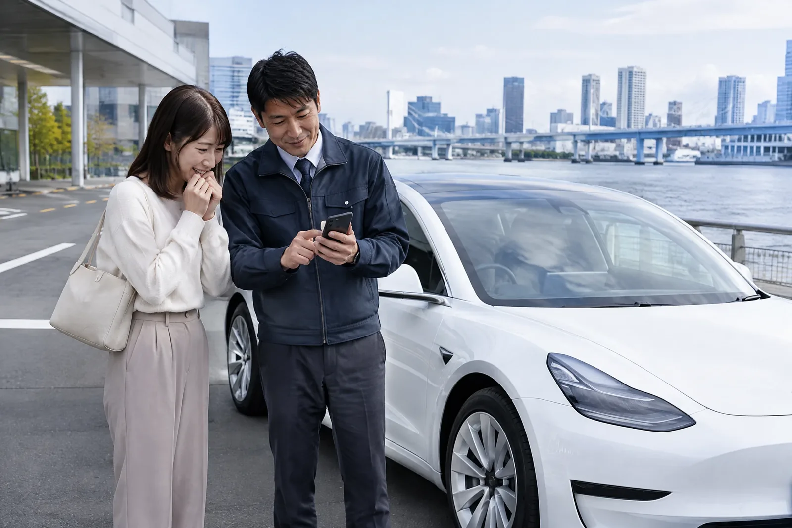 テスラ有明で納車後の初期設定を確認する利用者