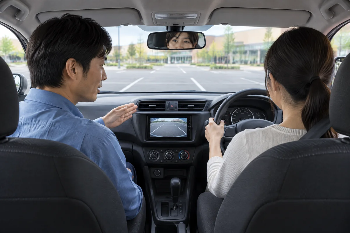 商業施設の白線区画で駐車位置を確認する講習のイメージ