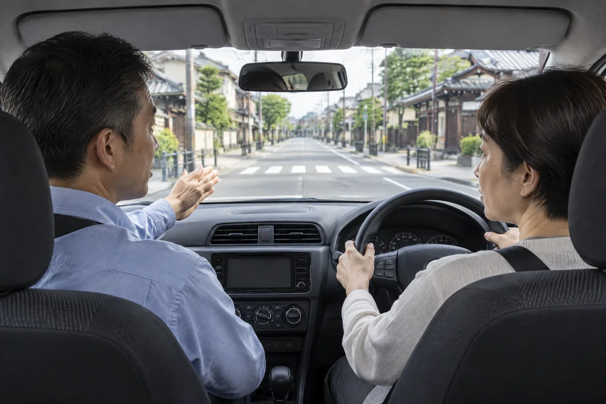 歩行者や自転車の確認位置を車内で説明する講師
