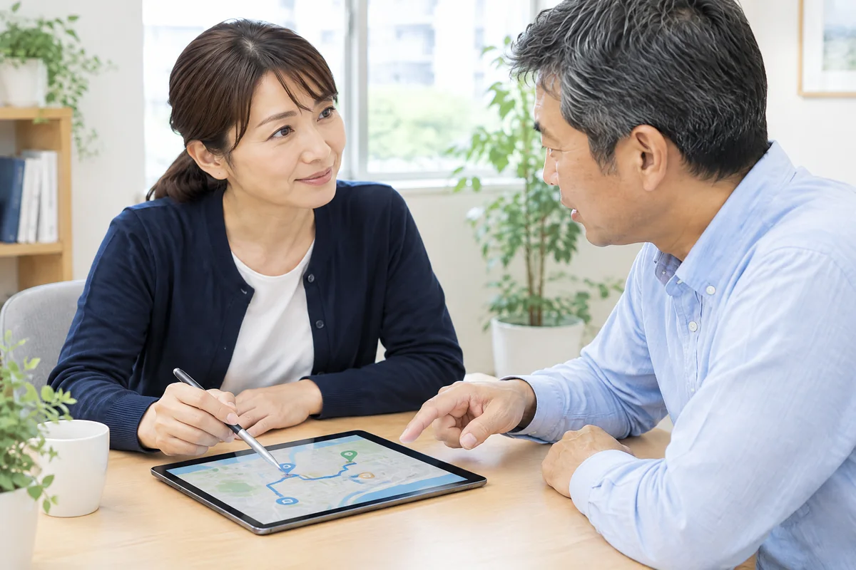 タブレットの地図を見ながら運転目的を整理する相談の様子