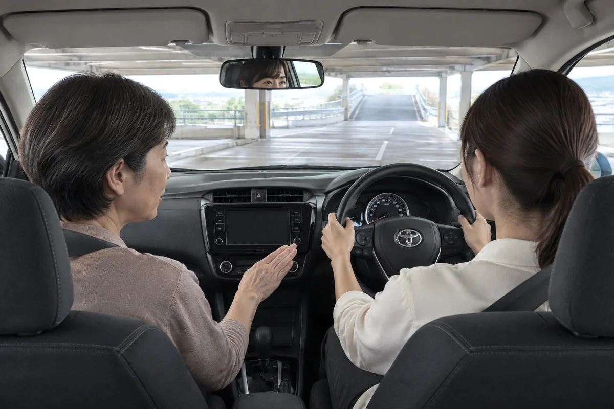 駐車場の傾斜と曲がり角の進み方を確認する受講者