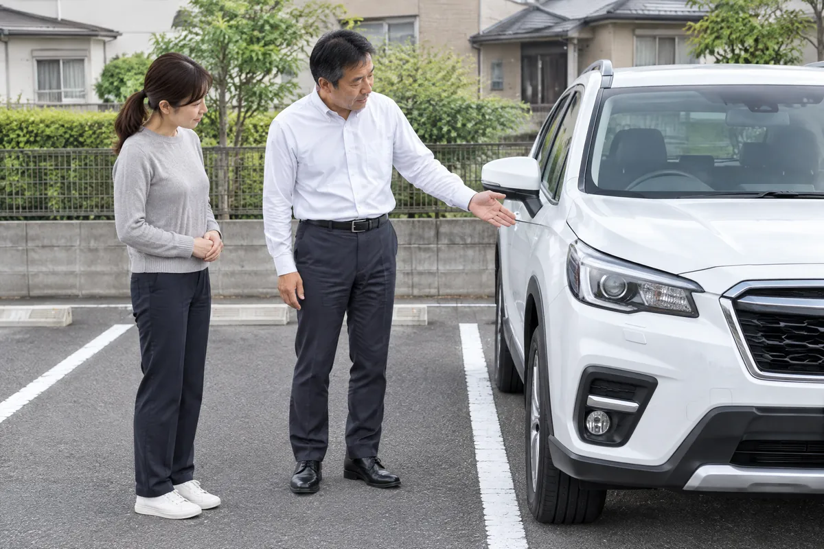 安全な駐車場でマイカーの前端と車幅を説明するインストラクター