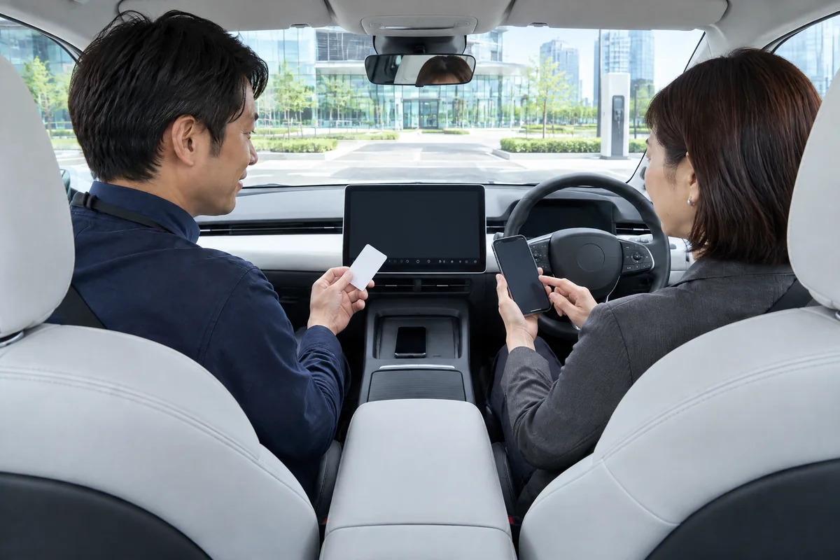 納車後のEVを停めてカードキーやスマートフォン連携を確認する様子