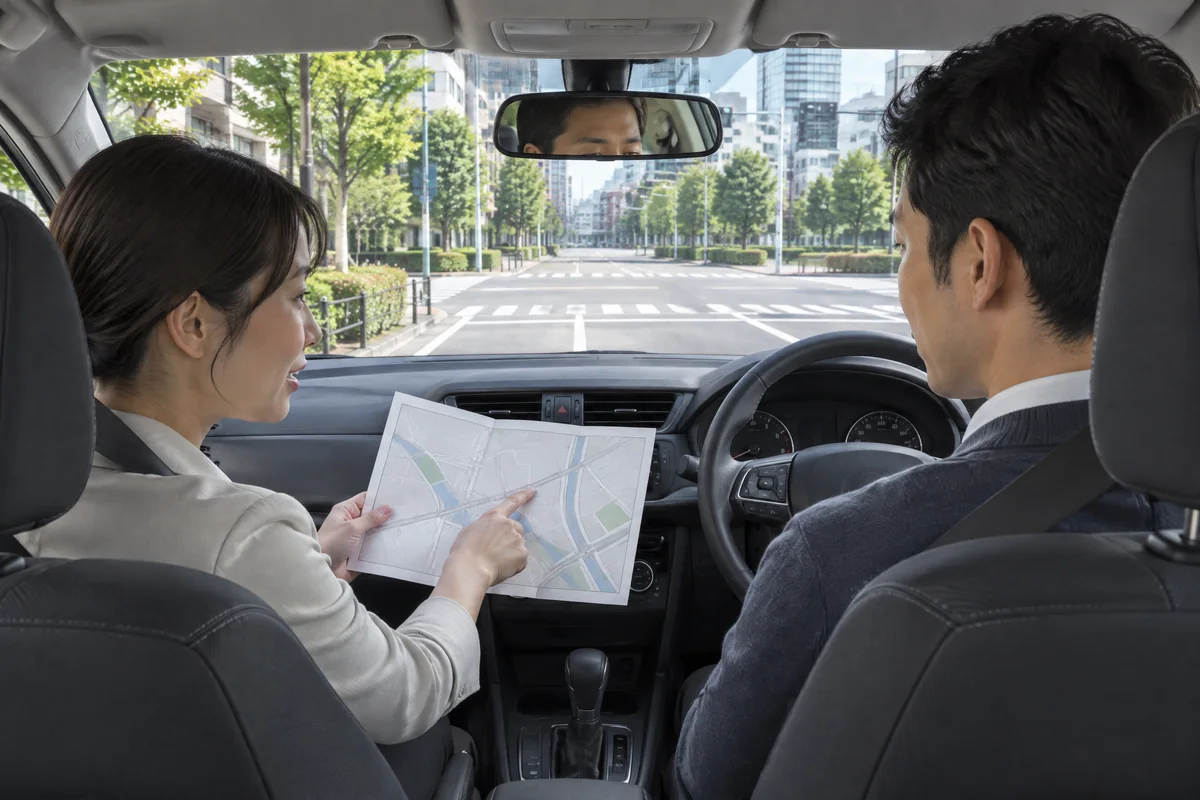 都心の交差点への進み方を停車中に確認する受講者と講師