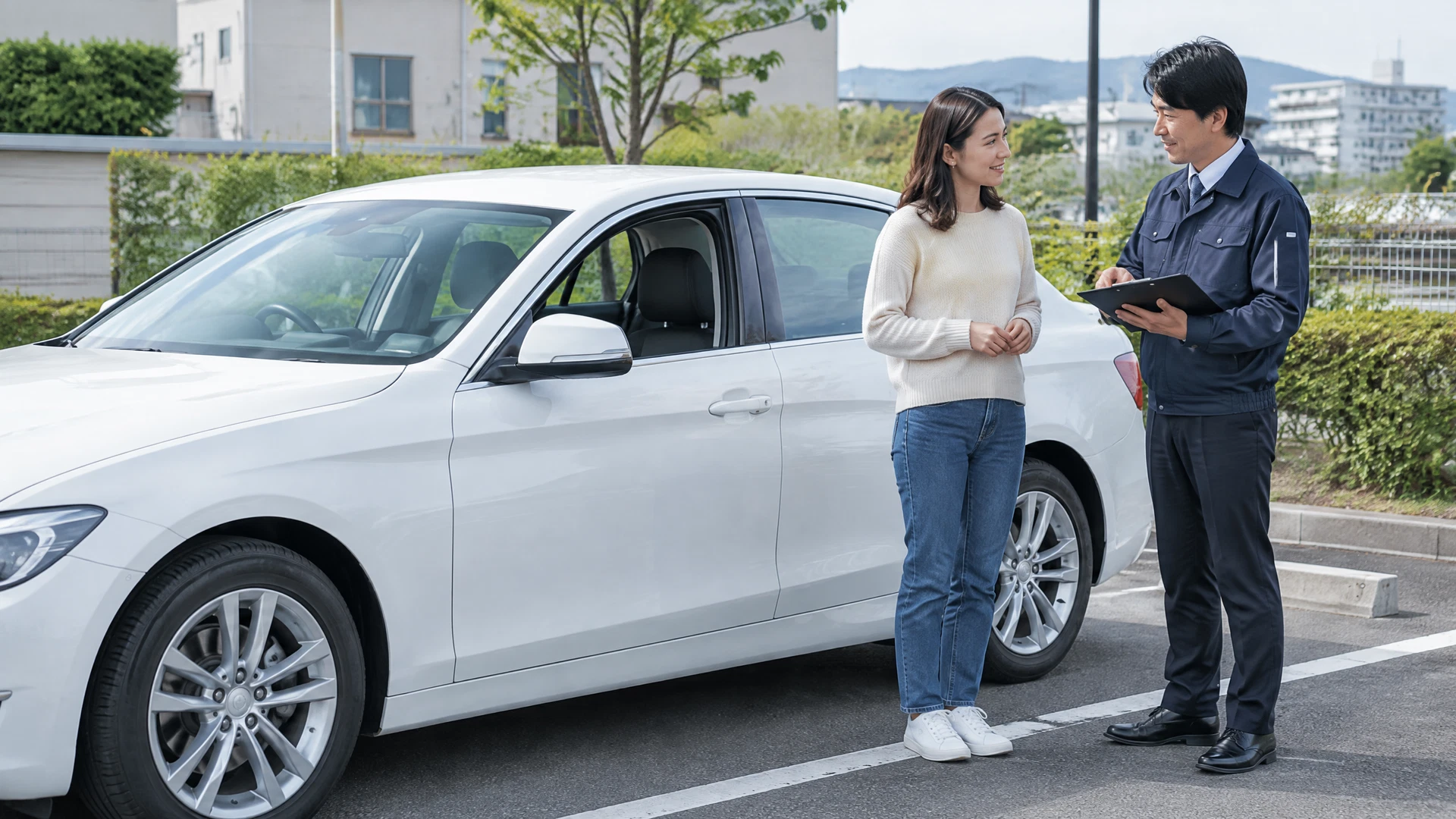 講習後、外車のそばで受講者とインストラクターが振り返る様子