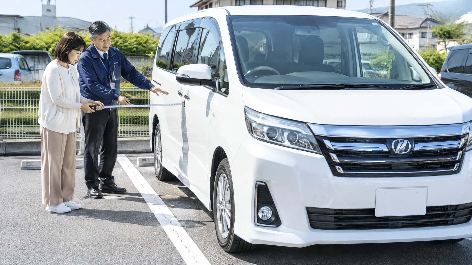 大型車の車幅をインストラクターと確認する様子