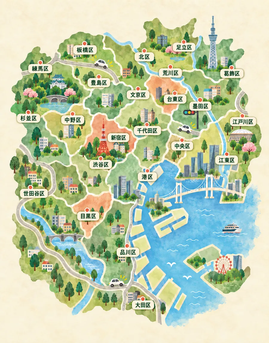 東京23区の水彩イラスト地図。23区すべての区名が記載されている