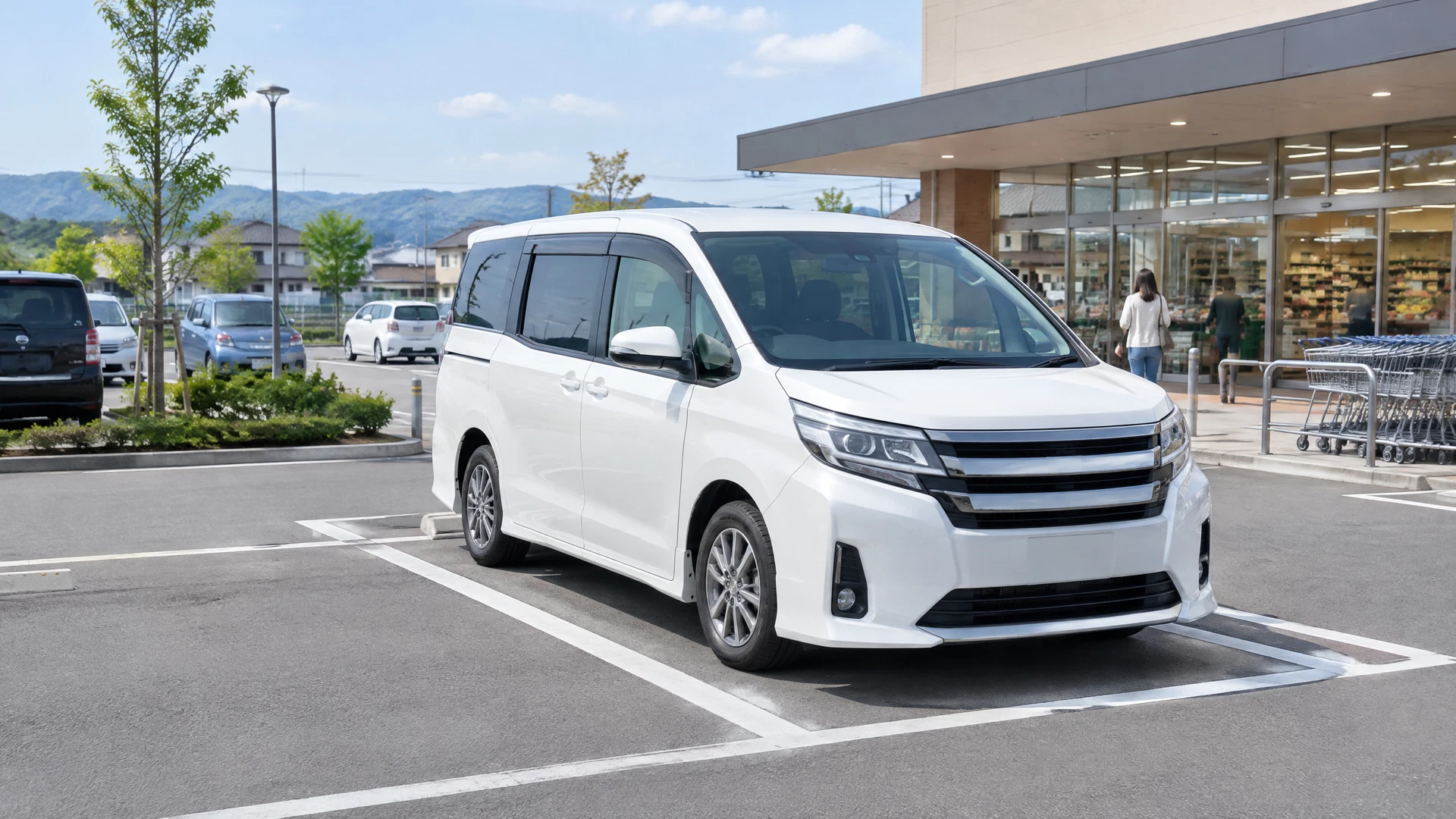スーパーの駐車場でミニバンの駐車を練習する様子