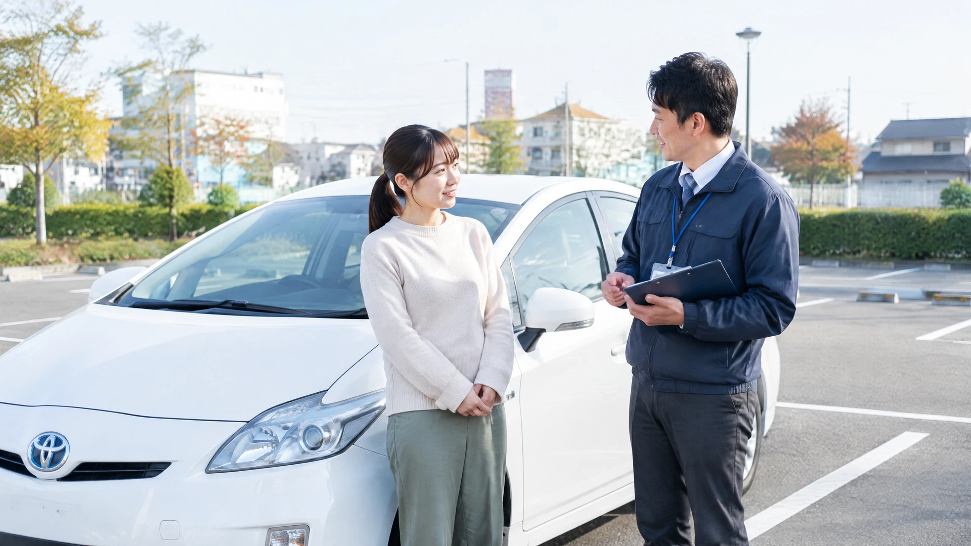 講習後、白いプリウスのそばで受講者とインストラクターが振り返りをする様子