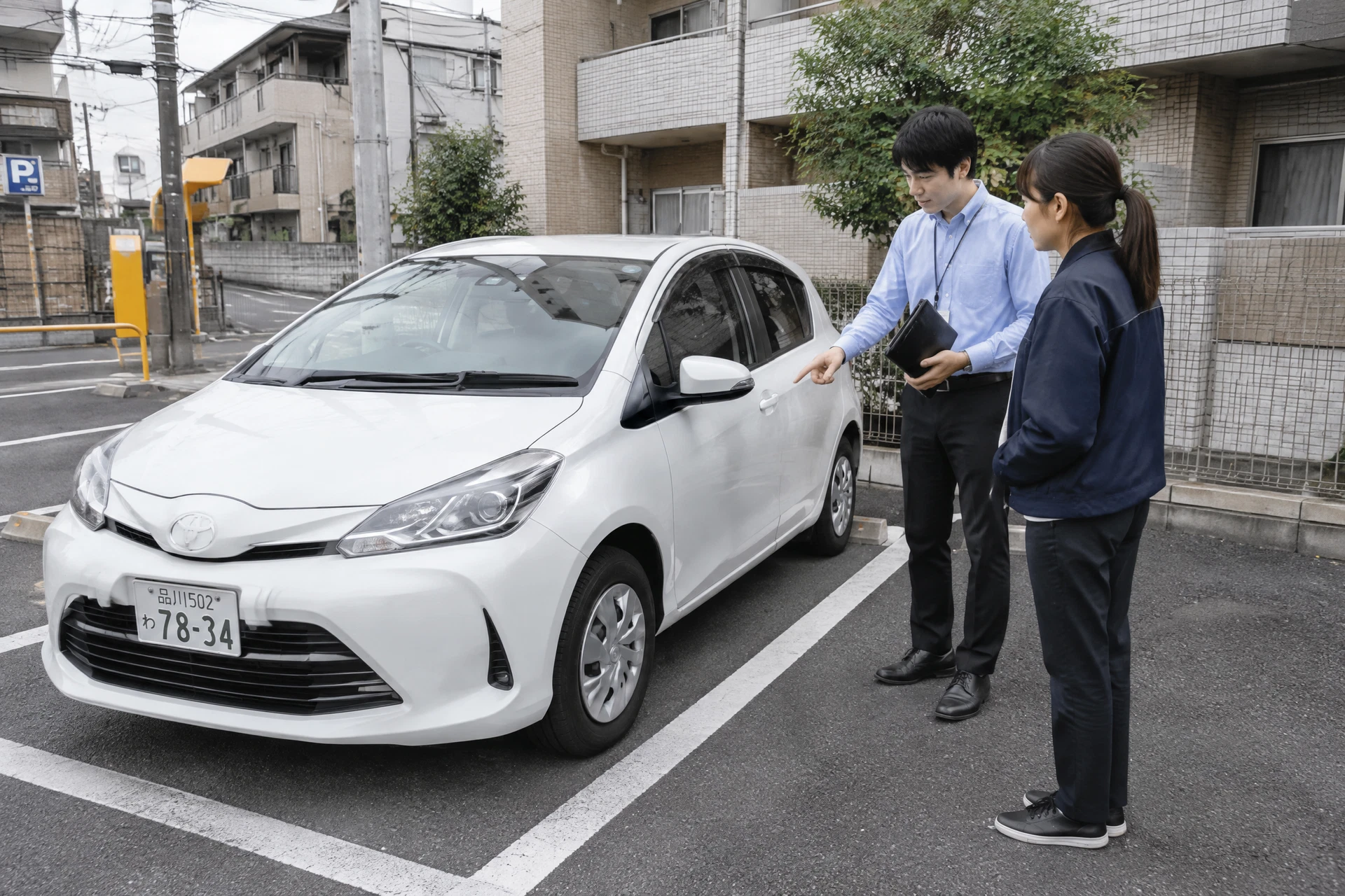 物件訪問で使用する社用車の運転研修を受ける社員