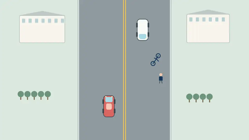 住宅街の狭い道路で、歩行者、自転車、駐車車両を配置した模式図