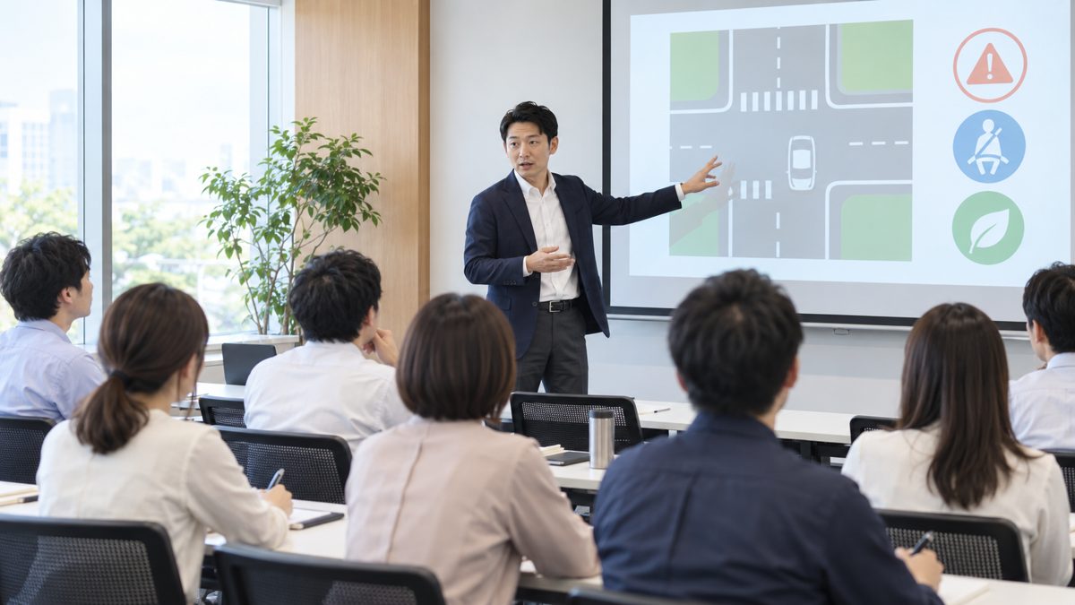 企業の会議室で安全運転について講義している様子