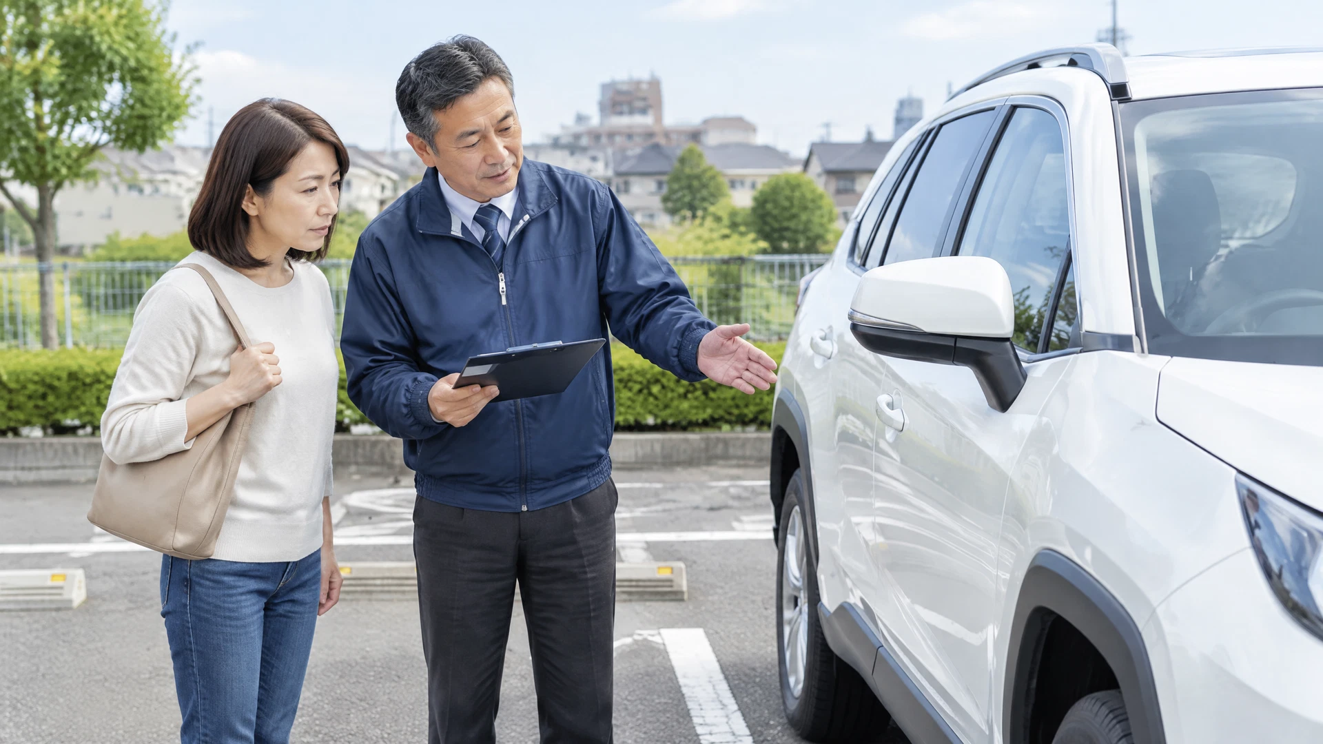 講習後、SUV・大型車のそばで受講者とインストラクターが振り返る様子