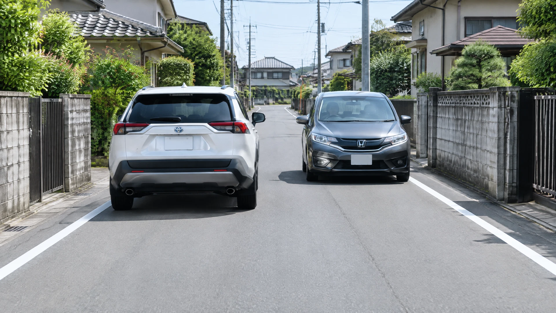 狭い住宅街でSUVのすれ違いを練習する様子