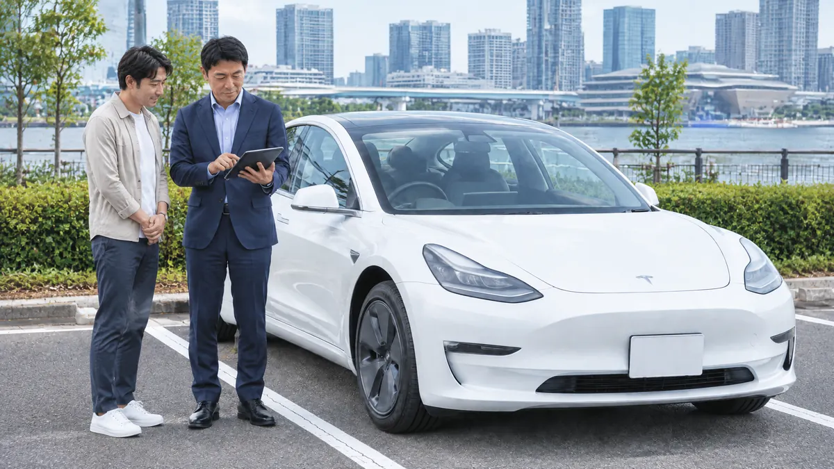 湾岸エリアの駐車場で白いModel 3とスマートフォンを確認する生成イメージ