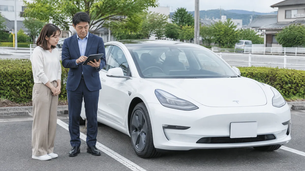 白いModel 3の横でタブレットを見ながら基本操作を確認する二人の生成イメージ
