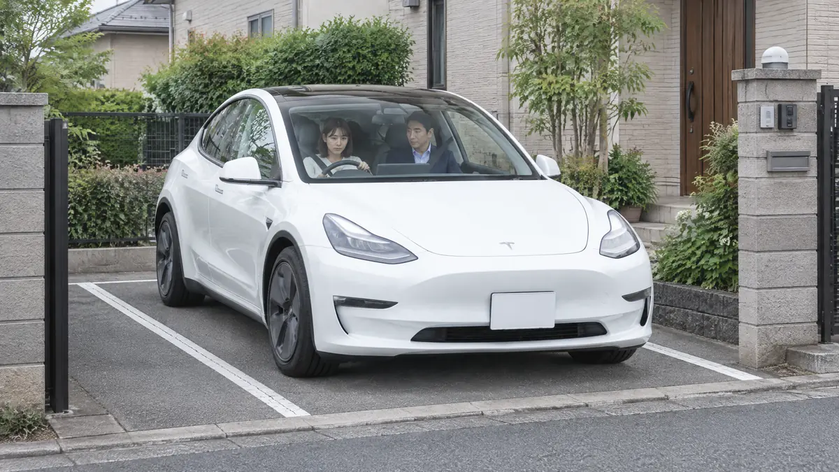 住宅の駐車スペースと白いModel Yの位置関係を確認する生成イメージ