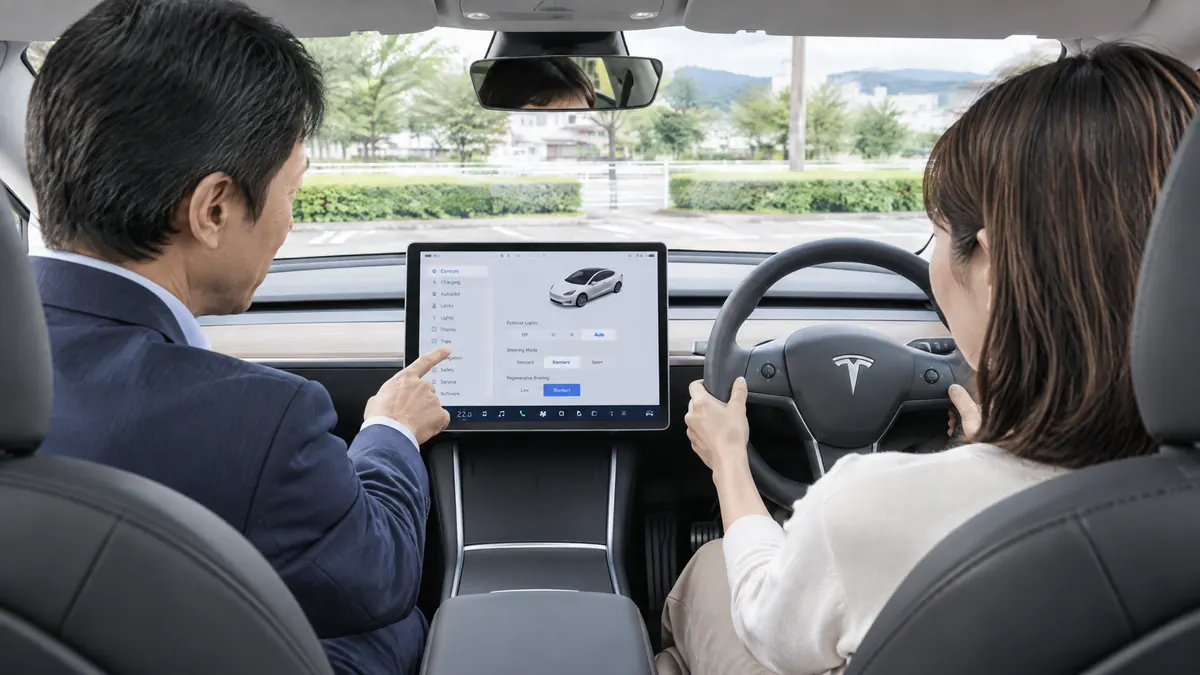 右ハンドルのModel 3車内で基本操作を説明する生成イメージ