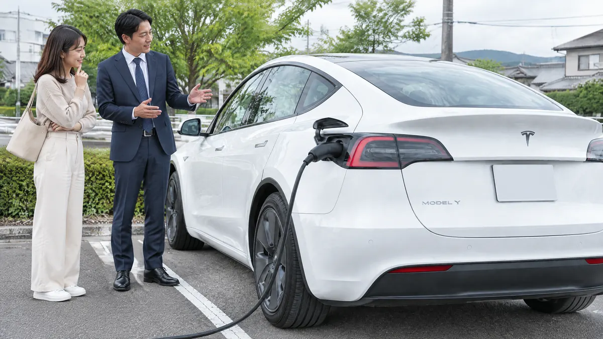 Model Yの左後方の充電ポートへコネクターを接続する生成イメージ
