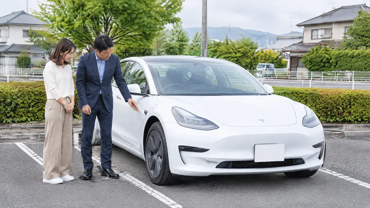 納車された白いModel 3の車体を確認する生成イメージ