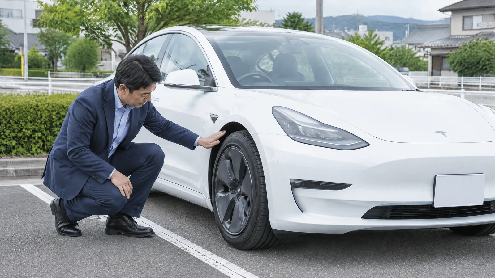 停車した白いModel 3のタイヤと車体を点検する生成イメージ