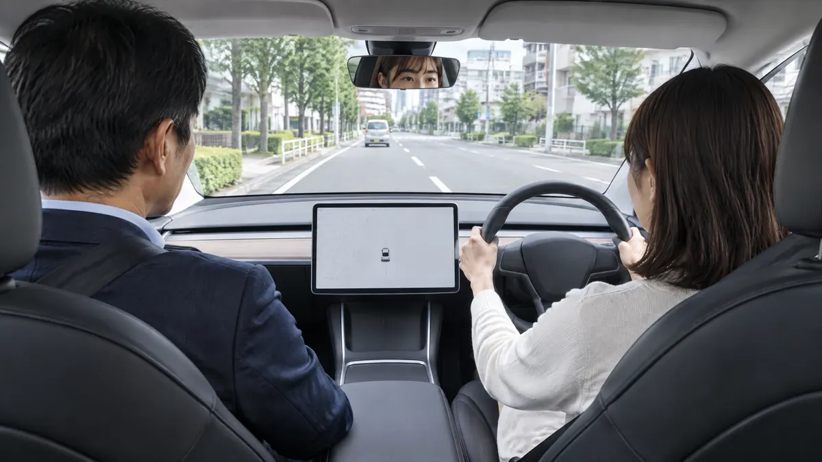 右ハンドルのModel 3で前方を見ながら加減速を練習する生成イメージ