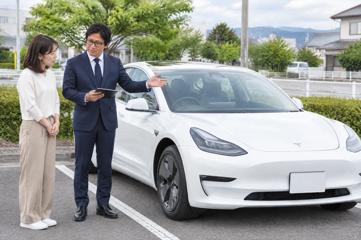 白いテスラの横で事前説明を行う生成イメージ
