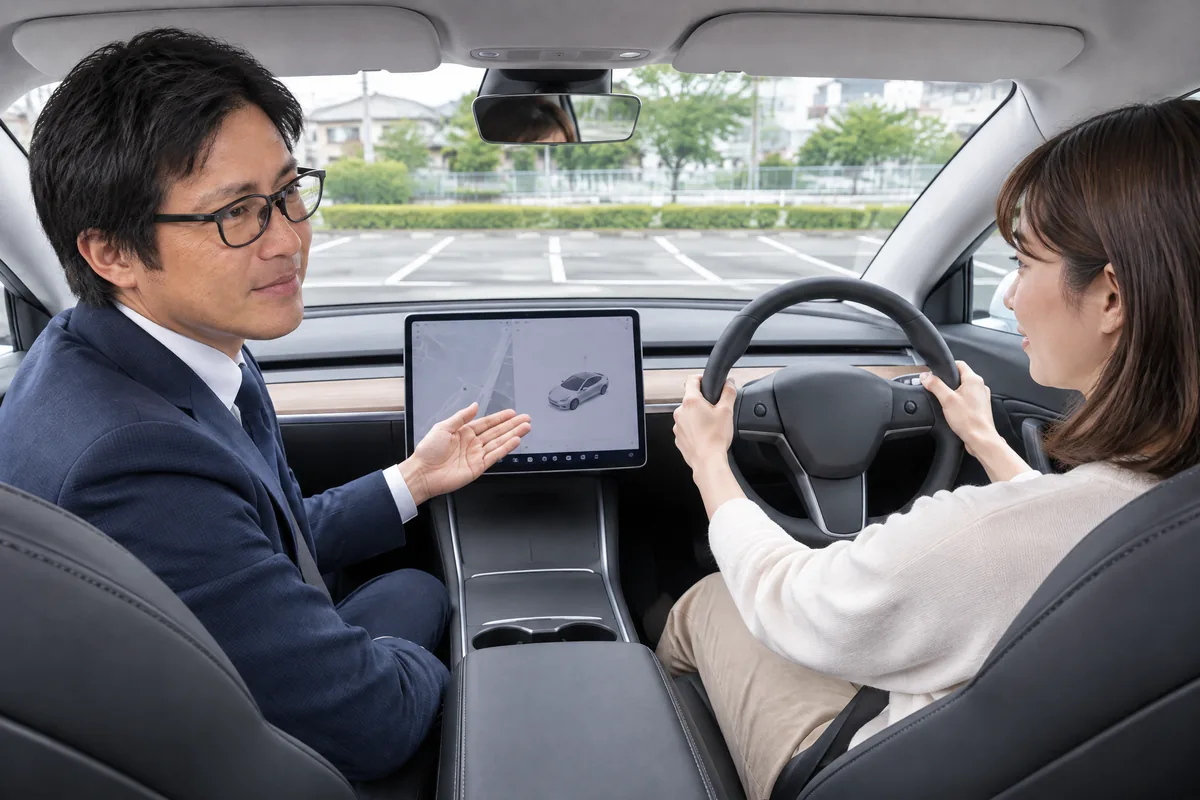 停車中に中央タッチスクリーンを説明する講師の生成イメージ