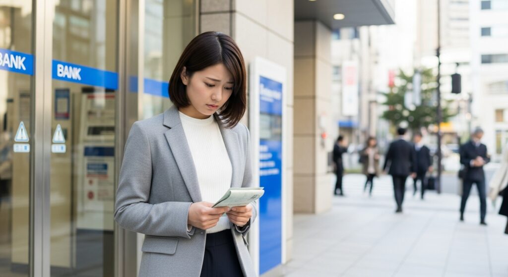 銀行前で通帳を見ながら生活費に悩む20代女性の様子