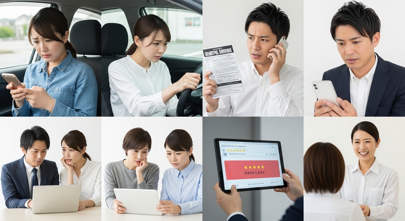 格安ペーパードライバー講習に不安を感じた日本人男女が、情報を確認したり問い合わせを行い、最終的に信頼できる講習にたどり着いた様子を表す7つの事例のコラージュ