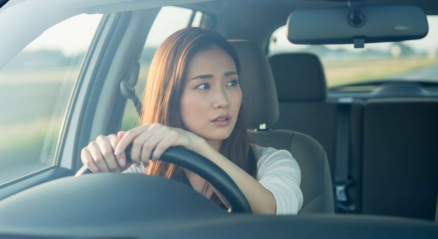 ハンドルを握りながら左を不安そうに確認している日本人女性ドライバー。左側の視界や巻き込み確認に対する不安を表現したペーパードライバー講習のイメージ。