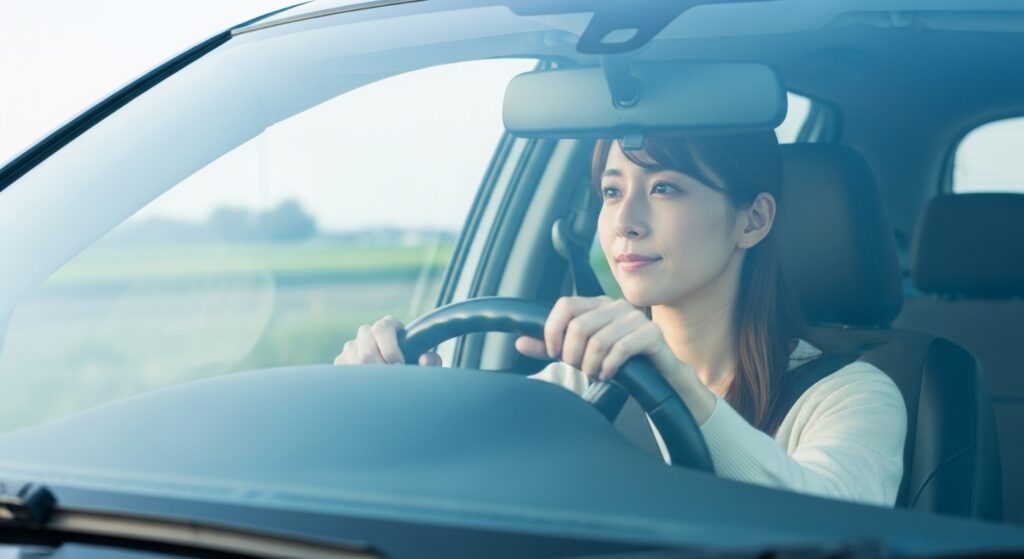 左側を意識しながら慎重に運転する日本人女性ドライバー。左側の距離感がつかめない不安や、巻き込み事故を防ぐための感覚トレーニングの様子を表現したイメージ。
