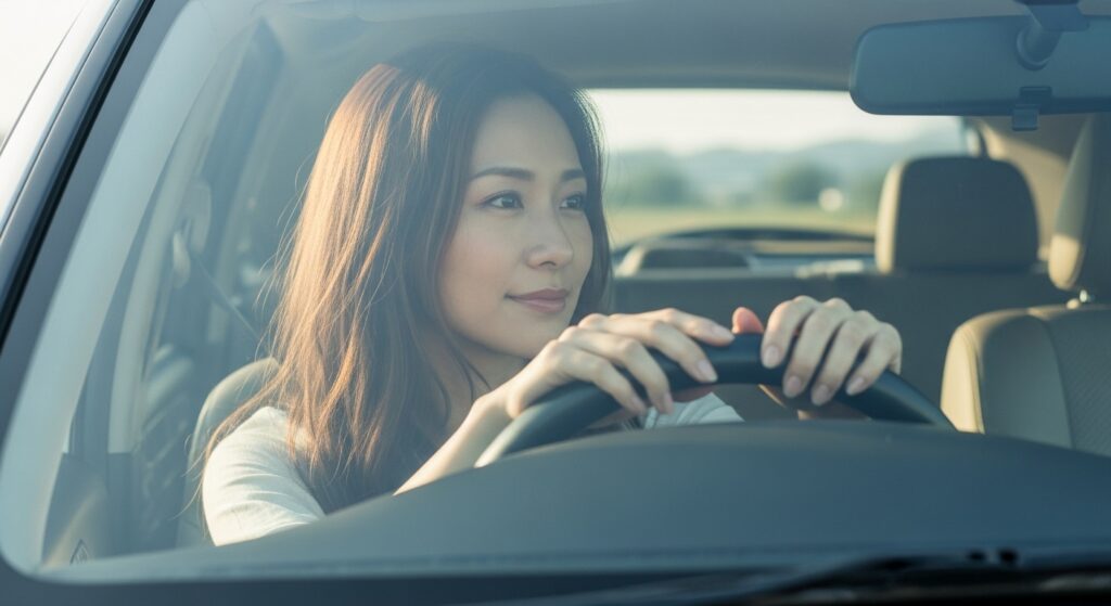 右折時に周囲を確認しながら慎重にハンドルを握る日本人女性ドライバー。右折で起きがちな巻き込み事故のリスクや不適切な運転行動を象徴するイメージ。