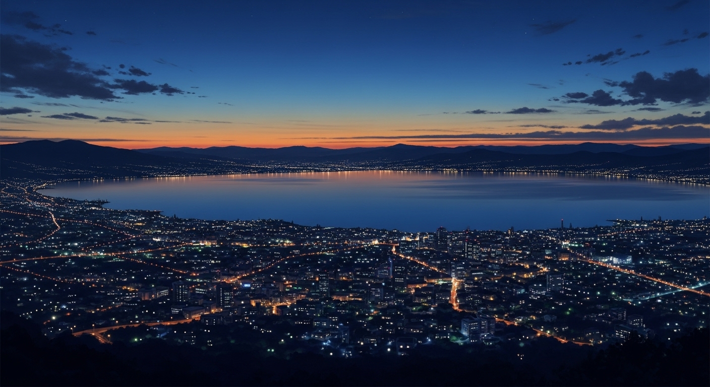 夜景が広がる湖畔の街並みを高台から見下ろす絶景。ドライブスポットとして人気のエリアで、静かな水面と街の灯りが幻想的に調和する風景。