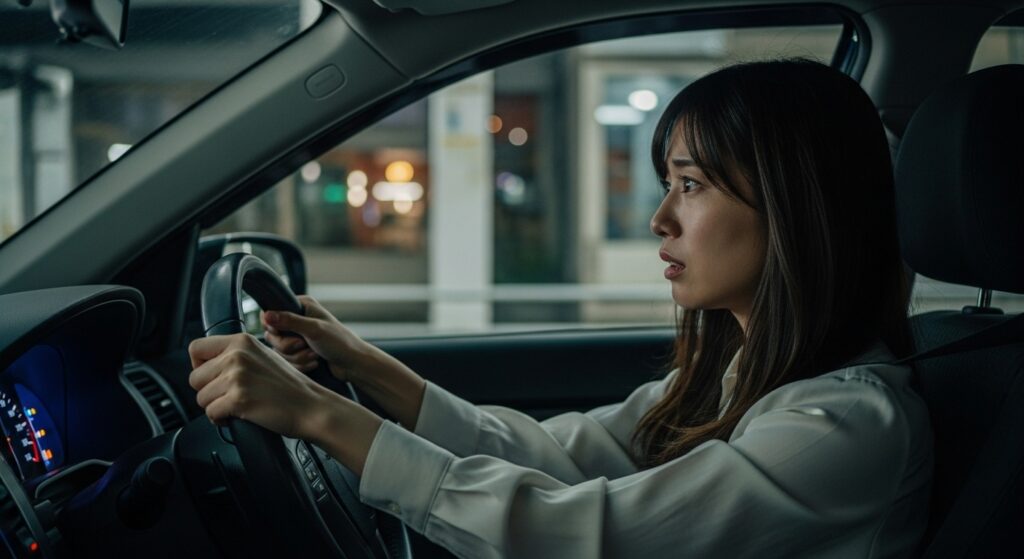 夜間の道路を不安そうに運転する日本人女性。左側からのアングルで、ペーパードライバー講習の緊張感が伝わる。