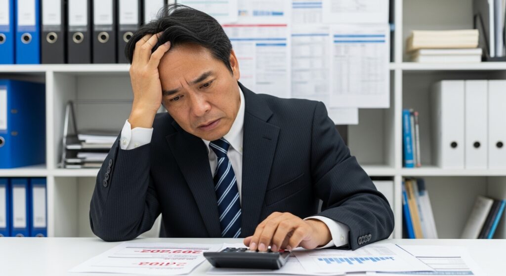 スーツ姿の日本人男性が頭を抱えながら電卓を操作し、赤字の数字が書かれた資料に囲まれている。格安ペーパードライバー講習の裏にある企業の負担を象徴する構図