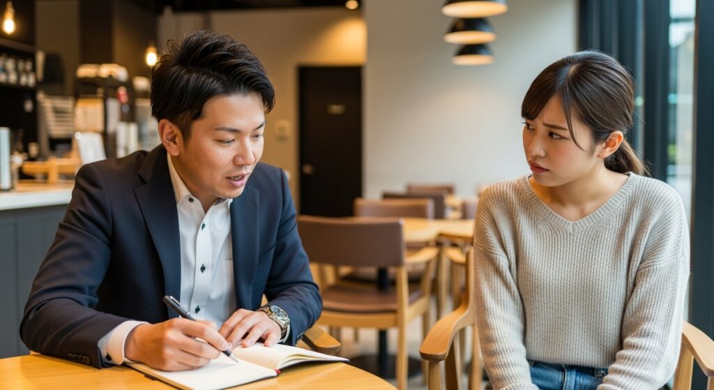 カフェで30代スーツ姿の男性が儲かる話をノートに書きながら説明し、20代女性が疑いながら聞いている様子
