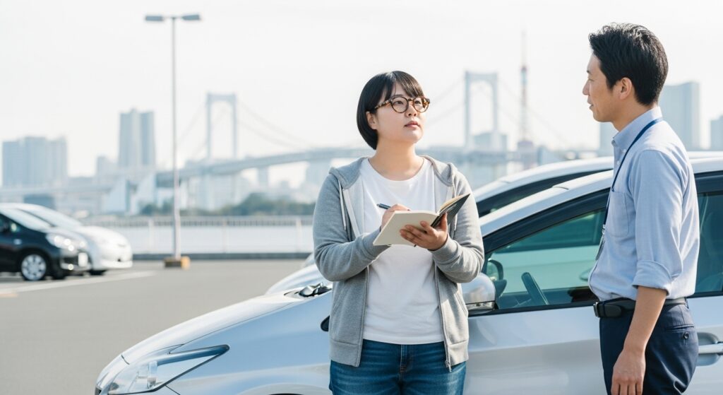 お台場の駐車場で自動車教習を受けながらメモを取る20代女性と指導するインストラクター