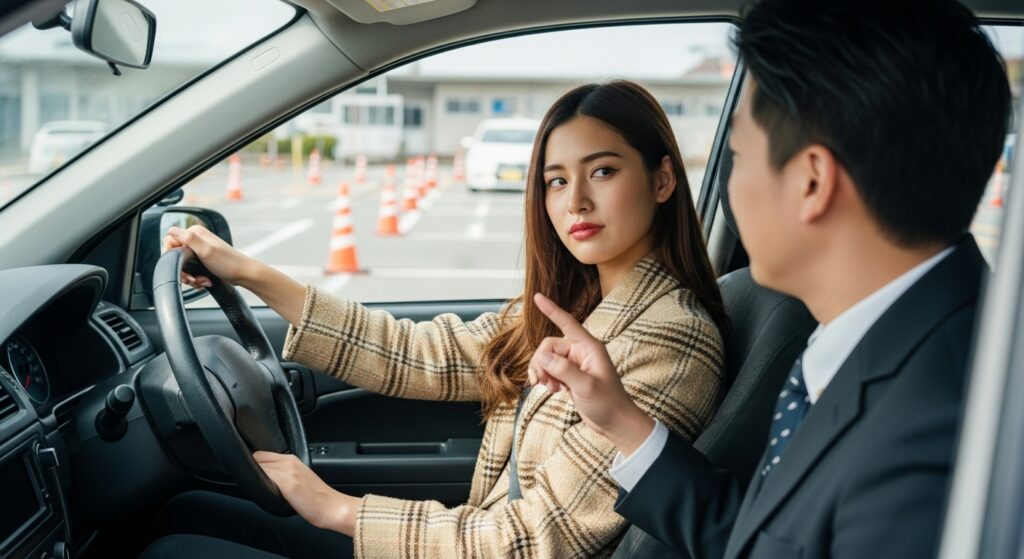 自動車教習所でインストラクターの指導を受けながらも真剣に聞いていない様子のおしゃれな20代女性