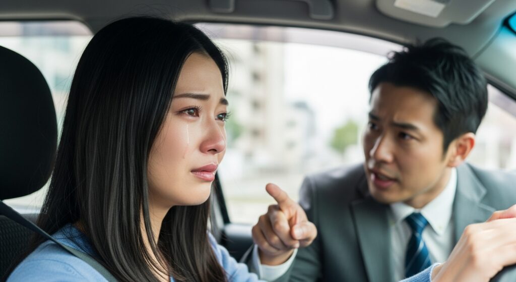 教習所で怒られた経験がトラウマに──運転が怖くなった女性の再出発を支えるペーパードライバー講習 教習中にインストラクターに怒られ、涙を流す若い女性。運転への恐怖やトラウマを抱える様子が表現されている。