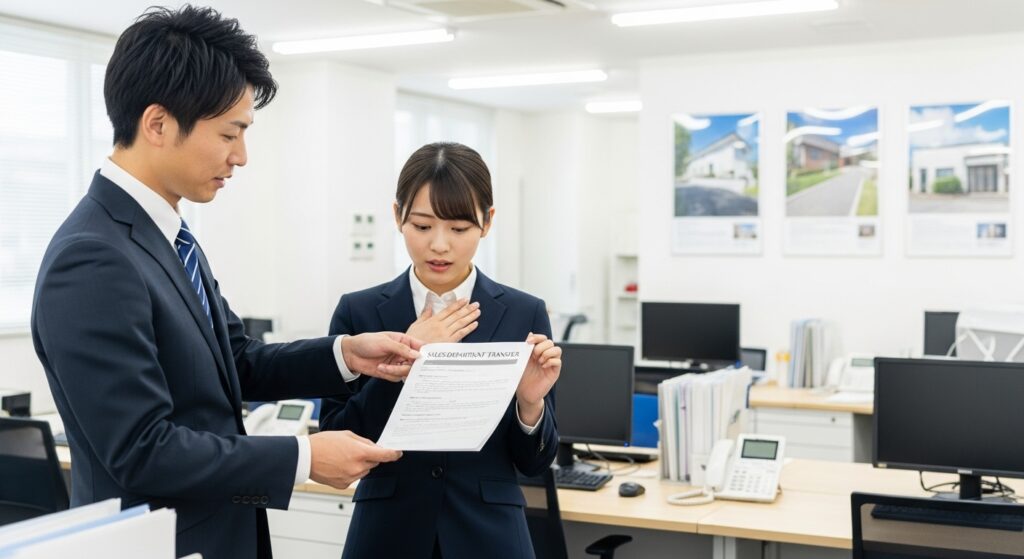 eigyo-haiten-josei-eigyosha-unten-kowaigao 営業車の配属通知に驚く女性社員と説明する男性社員。不動産会社のオフィスでの配置転換シーン。
