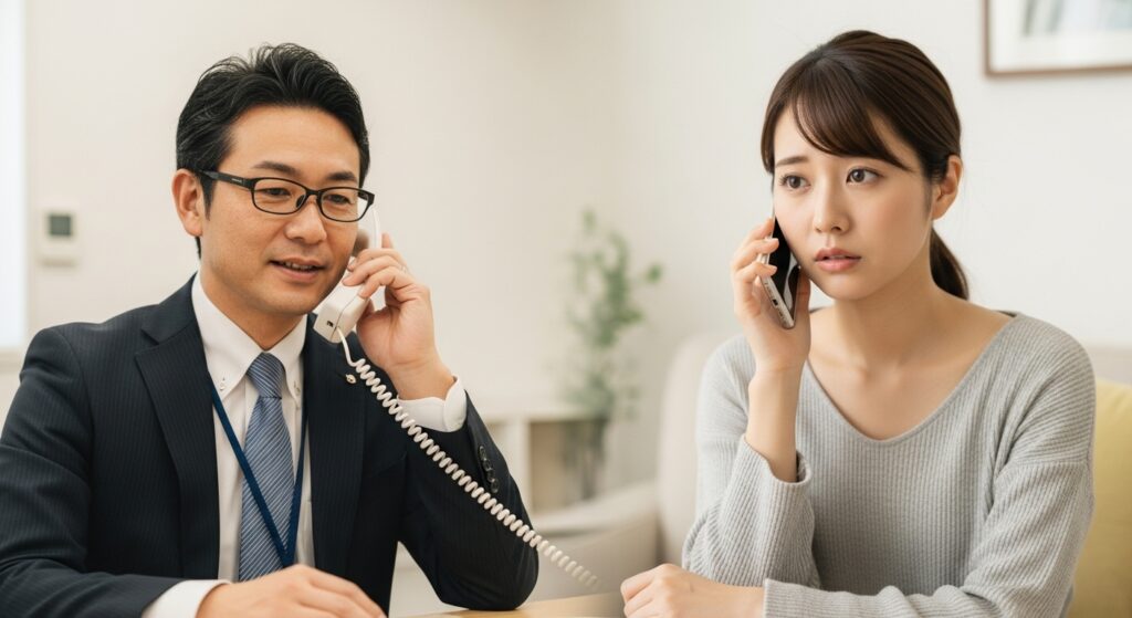 ペーパードライバー講習に初めて電話で問い合わせた相談シーン(口コミがきっかけ) 口コミをきっかけにペーパードライバー講習に興味を持ち、初めて電話で相談する20代の日本人女性と、それに丁寧に応じるスーツ姿の男性インストラクター。