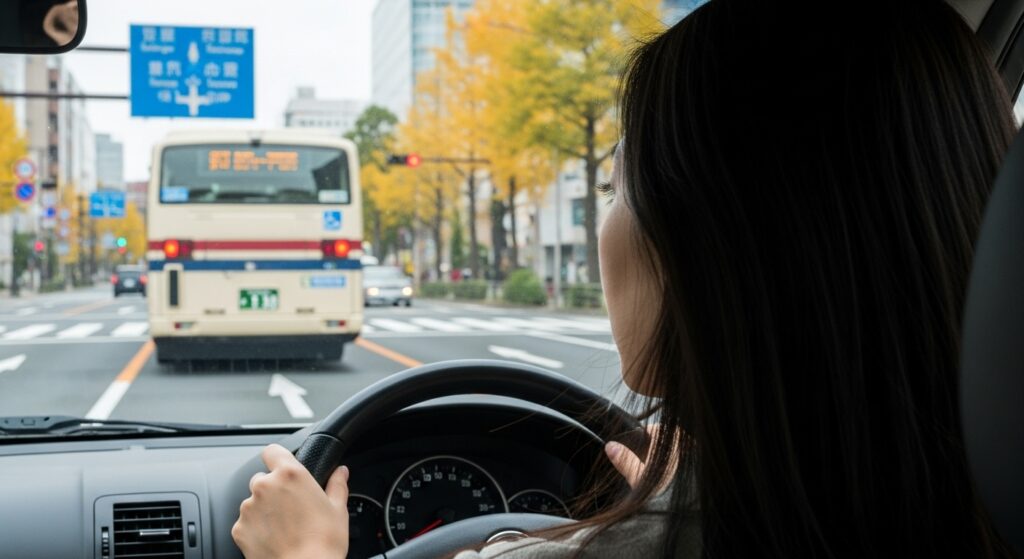 title="新宿エリアでのペーパードライバー講習FAQ|バス停付近での判断に悩む典型シーン" 新宿の大通りでバスの後ろに停車し、前方を注視するペーパードライバー女性。講習FAQで取り上げられる典型的な判断場面。