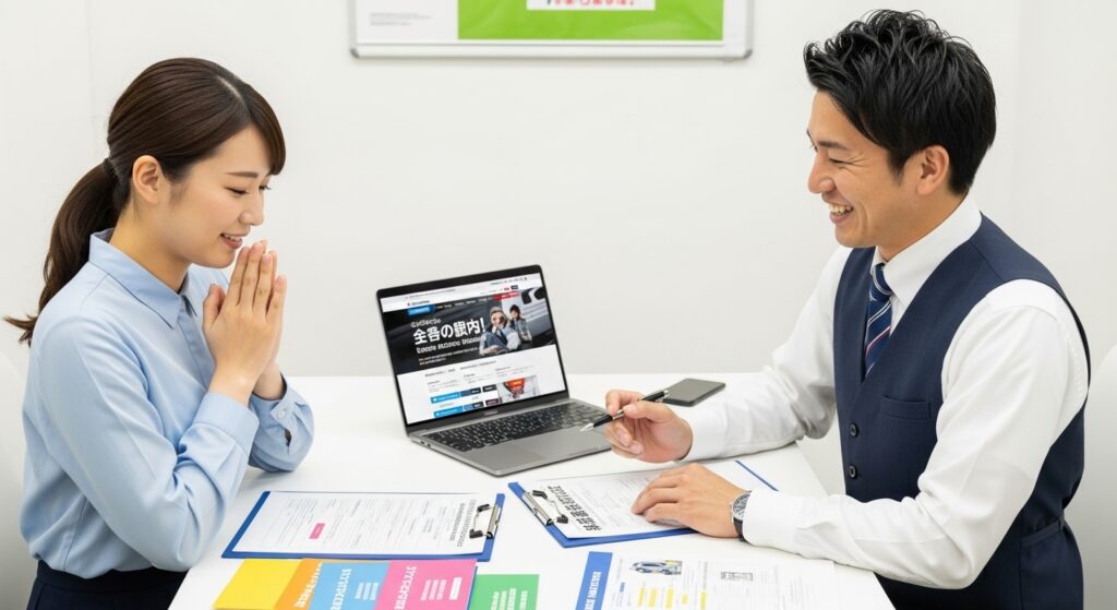 ペーパードライバー講習の相談中、笑顔で感謝の気持ちを伝える日本人女性。机上には講習資料やドライビングスクールのサイトを開いたノートPCがあり、信頼感と専門的なサポートを表現